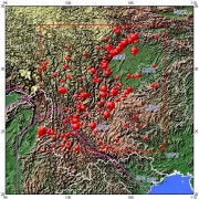 10月01日四川省凉山彝族自治州越西县5.0级地震图集_震中周边（10°×10°）过去1年3级以上地震分布图