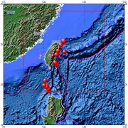 04月20日台湾花莲县附近海域5.9级地震图集_震中周边（10°×10°）过去1年5级以上地震分布图