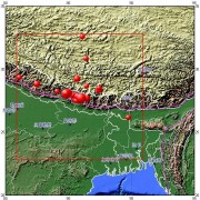 04月26日尼泊尔7.1级地震图集_震中周边（10°×10°）过去1年3级以上地震分布图